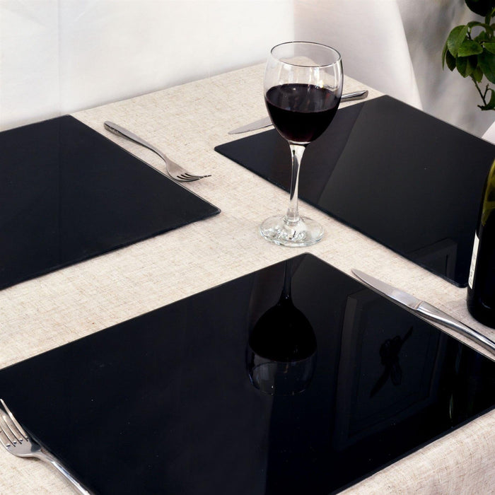 12pc 40cm x 30cm Black Glass Placemats & Coasters Set