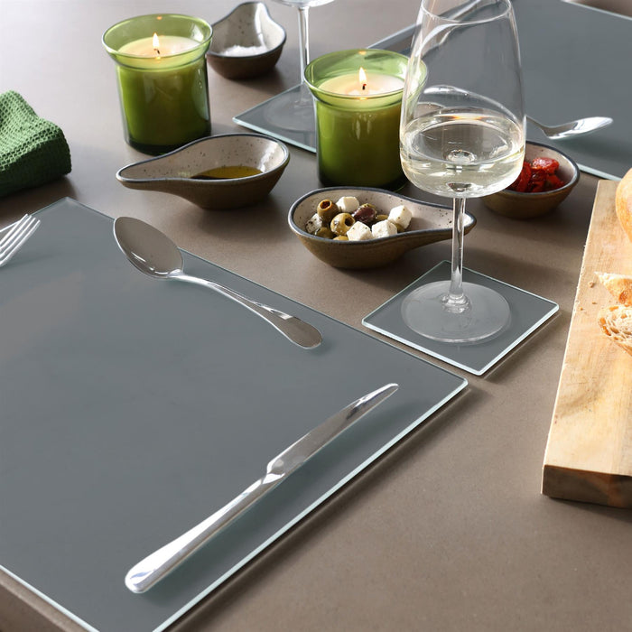 12pc 40cm x 30cm Grey Glass Placemats & Coasters Set