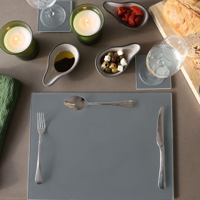 12pc 40cm x 30cm Grey Glass Placemats & Coasters Set