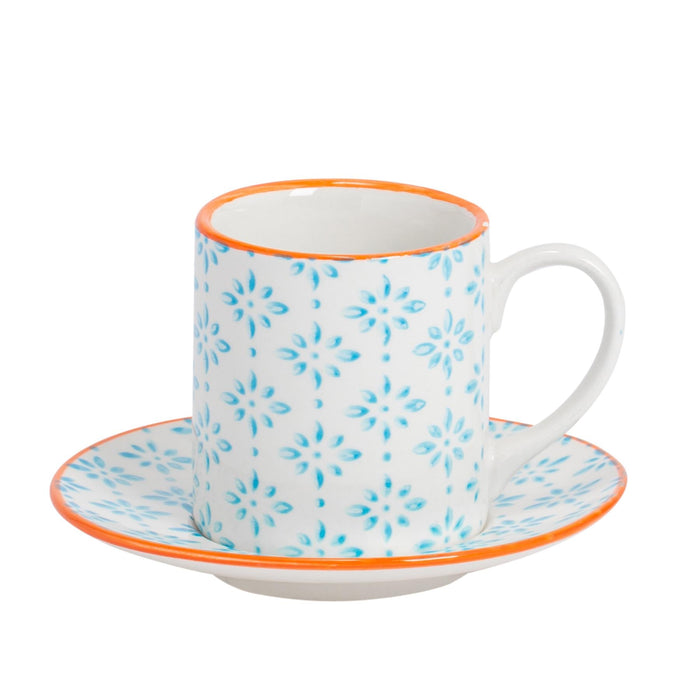 12pc 65ml Hand-Printed Stoneware Blue Espresso Cup & Saucer Set