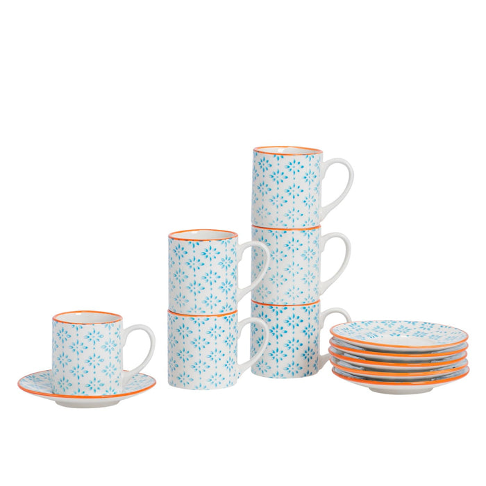 12pc 65ml Hand-Printed Stoneware Espresso Cup & Saucer Set