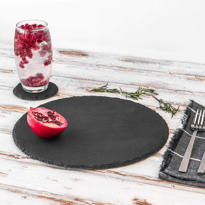 12pc Black Round Slate Placemats & Coasters Set