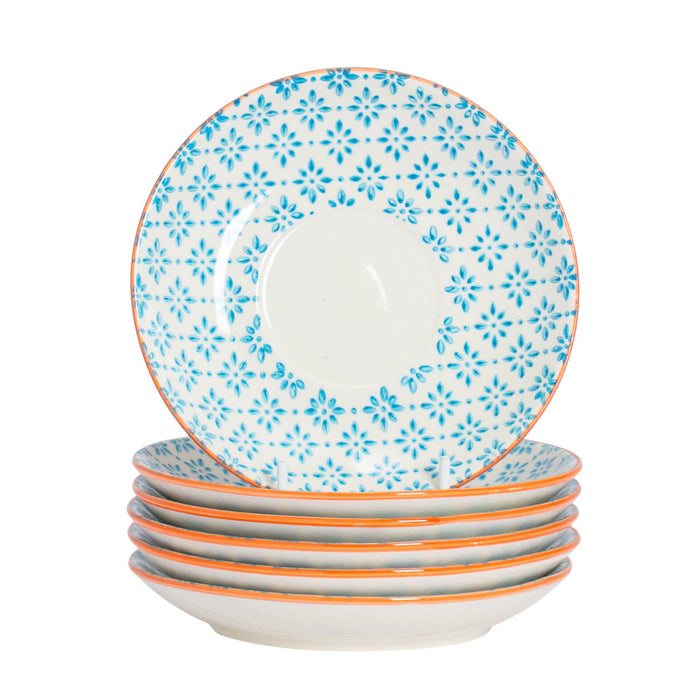 14.5cm Blue Hand Printed Stoneware Cappuccino Saucers - Pack of Six
