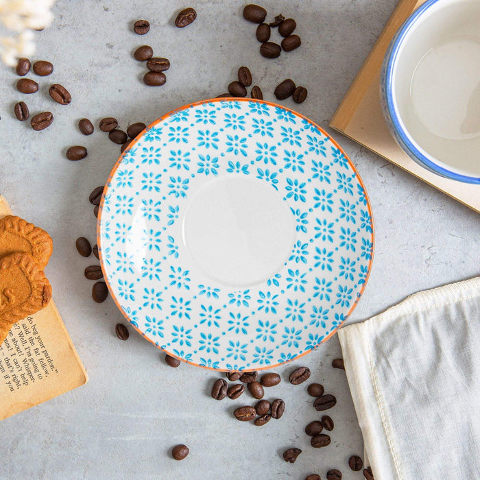 14.5cm Blue Hand Printed Stoneware Cappuccino Saucers - Pack of Six