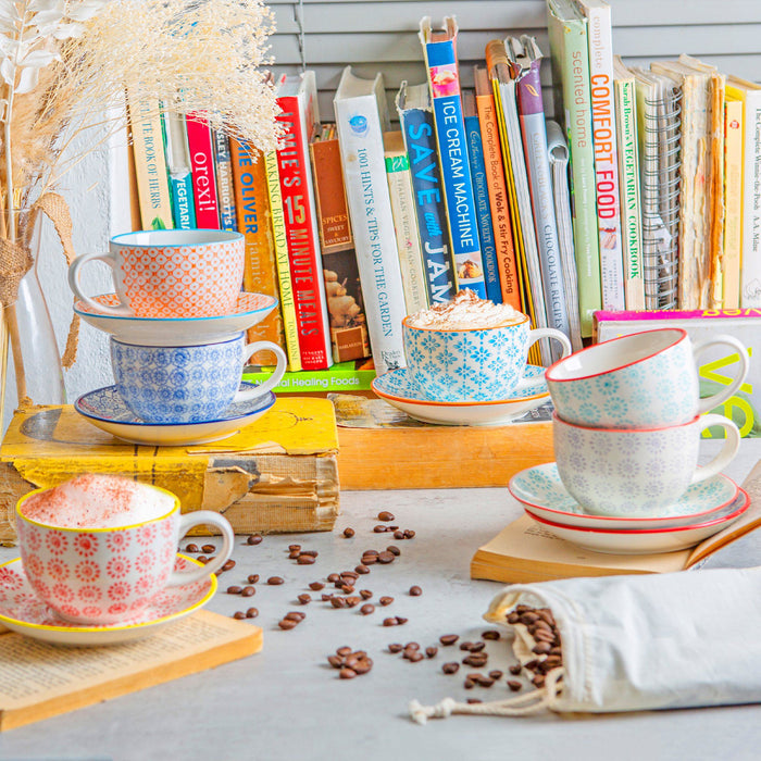 14.5cm Blue Hand Printed Stoneware Cappuccino Saucers - Pack of Six