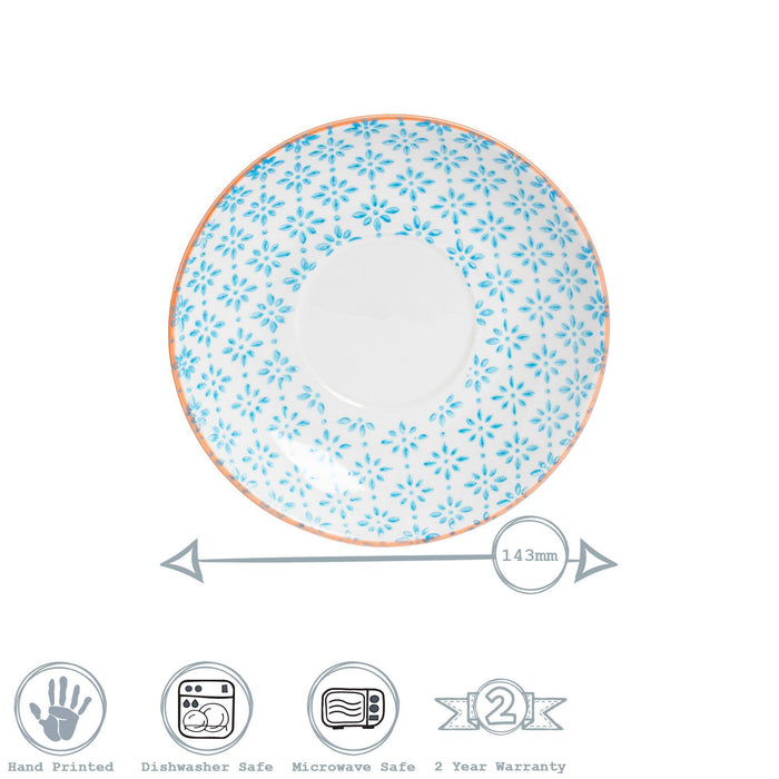 14.5cm Blue Hand Printed Stoneware Cappuccino Saucers - Pack of Six
