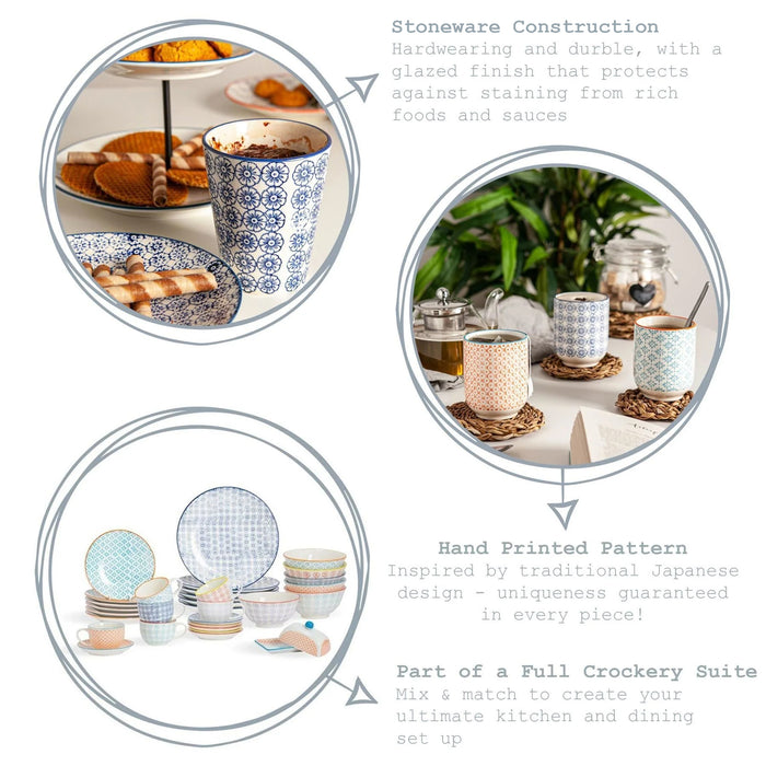 14.5cm Blue Hand Printed Stoneware Cappuccino Saucers - Pack of Six