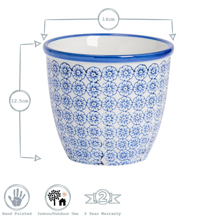14cm Hand Printed Navy Stoneware Plant Pot