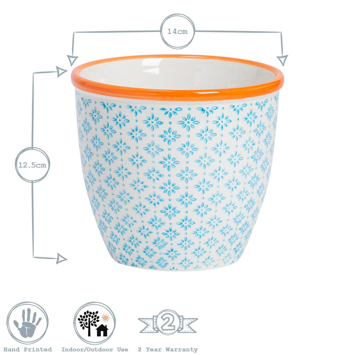 14cm Hand Printed Orange Stoneware Plant Pot