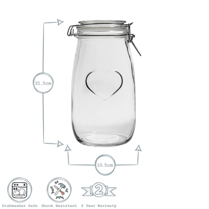 1.5L Air tight Glass Storage Jar with Embossed Heart Detail & Label - Pack of Six