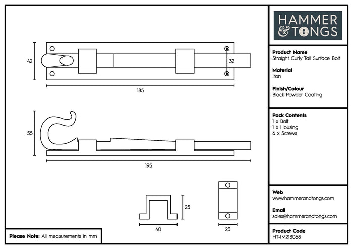 185mm Black Straight Shepherd's Crook Surface Bolt