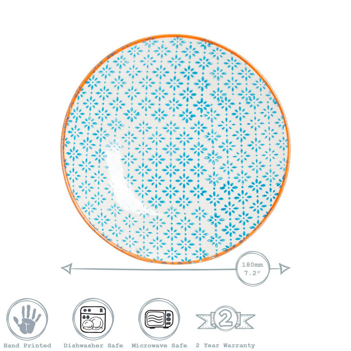 18cm Hand Printed Blue Stoneware Side Plates - Pack of Six