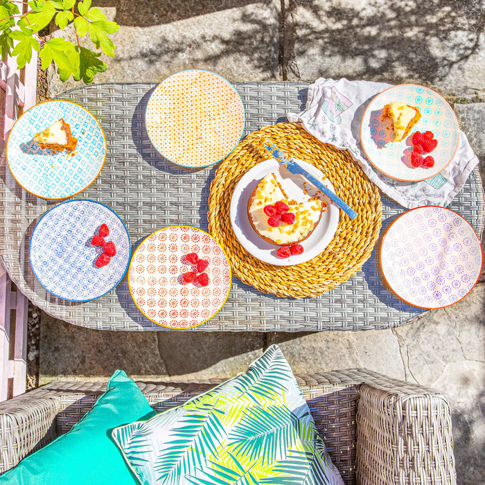 18cm Hand Printed Six-coloured Stoneware Side Plates - Pack of Six