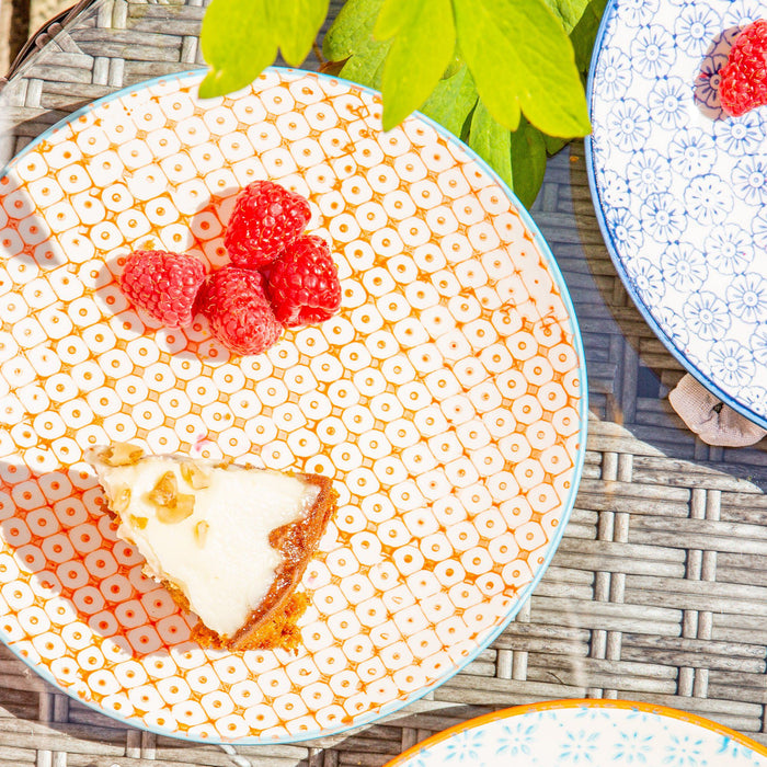 18cm Hand Printed Three-coloured Stoneware Side Plates - Pack of Six