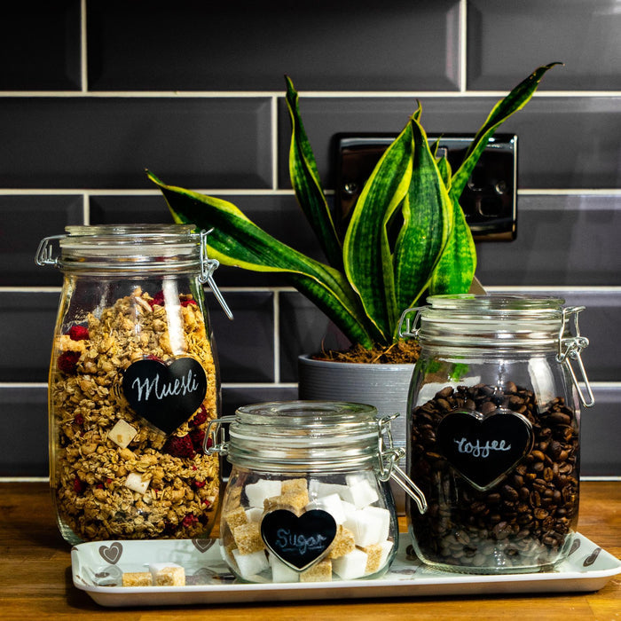 1L Air tight Glass Storage Jar with Embossed Heart Detail & Label - Pack of Six
