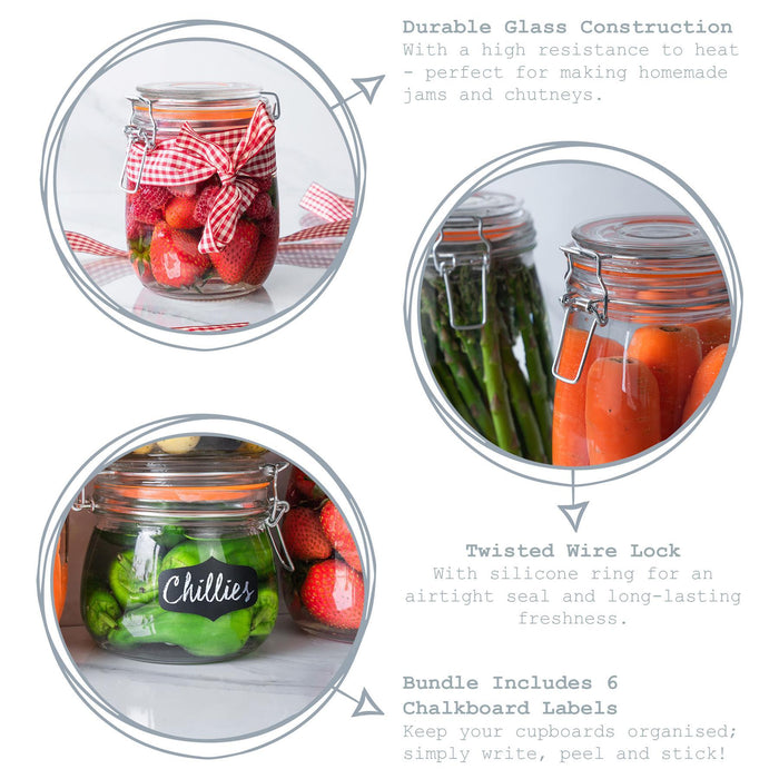 1L Air tight Glass Storage Jar with Embossed Heart Detail & Label - Pack of Six