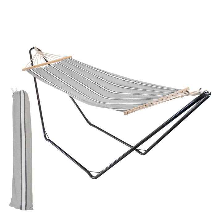 200cm x 80cm Deluxe Grey Striped Cotton Garden Hammock with Metal Stand