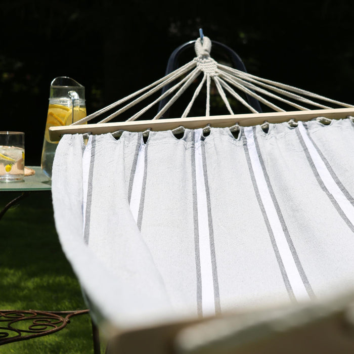 200cm x 80cm Deluxe Grey Striped Cotton Garden Hammock with Metal Stand