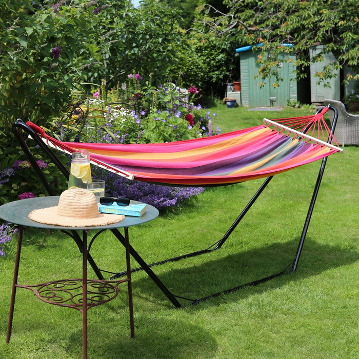 200cm x 80cm Deluxe Multicoloured Striped Cotton Garden Hammock with Metal Stand