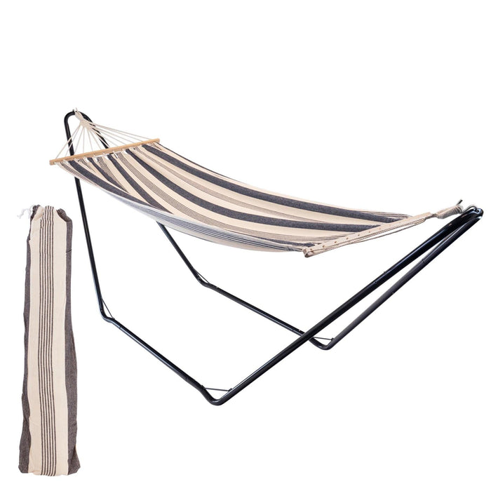 200cm x 80cm Deluxe Navy Striped Cotton Garden Hammock with Metal Stand
