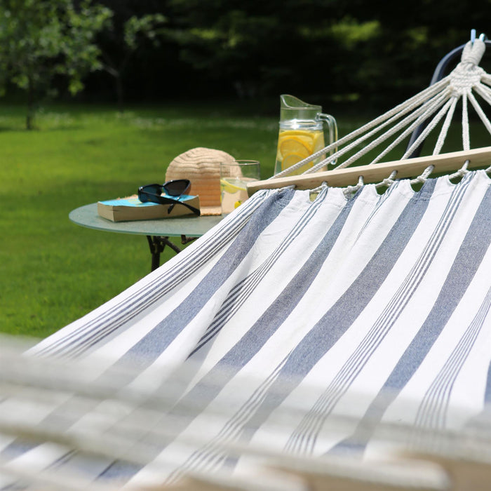 200cm x 80cm Deluxe Navy Striped Cotton Garden Hammock with Metal Stand