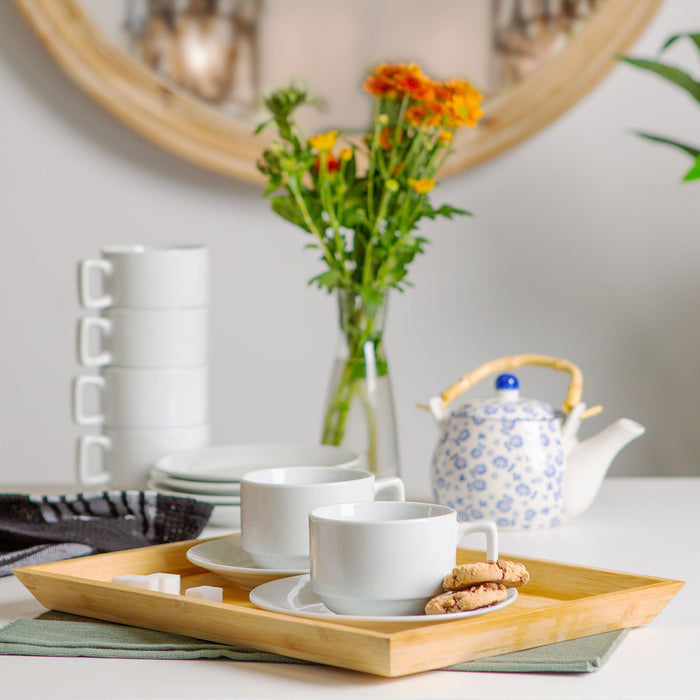 200ml White China Stacking Teacups & Saucers - 6 Sets