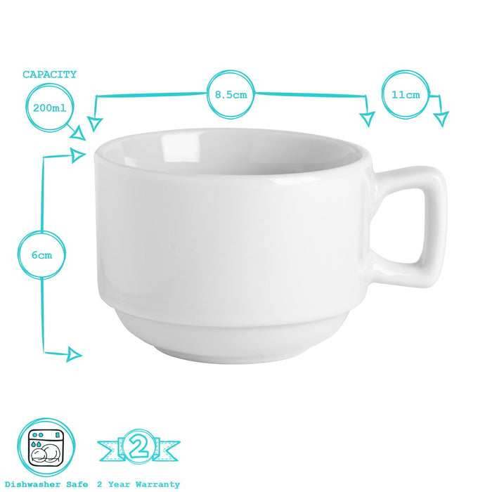 200ml White China Stacking Teacups & Saucers - 6 Sets