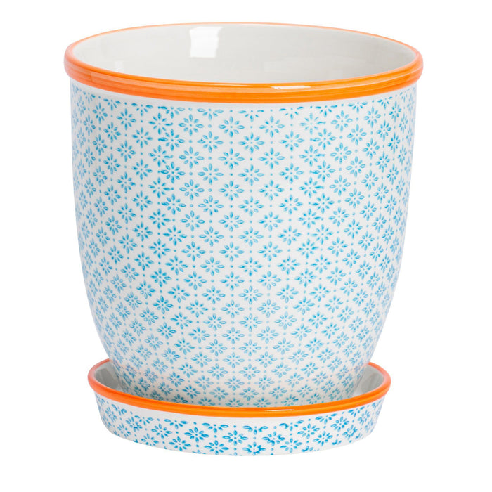 20cm Hand Printed Light Blue Stoneware Plant Pot with Saucer