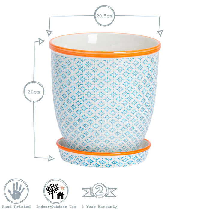 20cm Hand Printed Light Blue Stoneware Plant Pot with Saucer