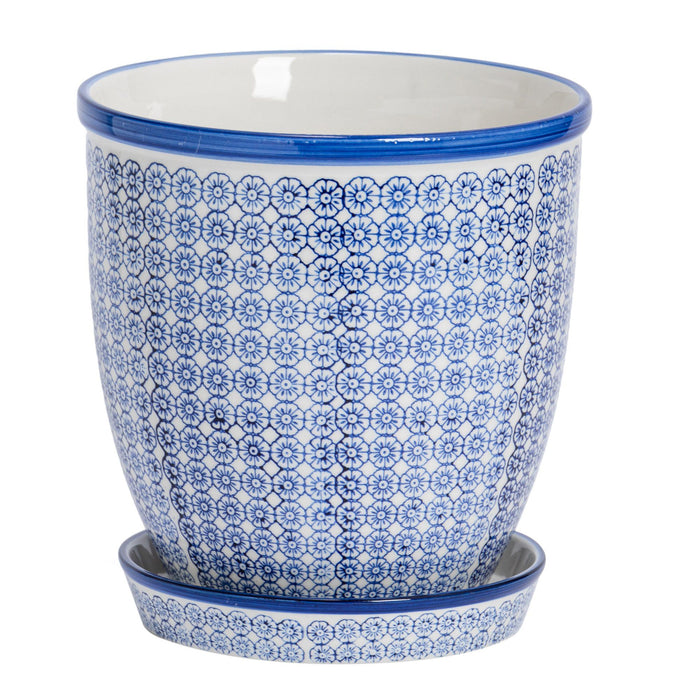 20cm Hand Printed Navy Stoneware Plant Pot with Saucer