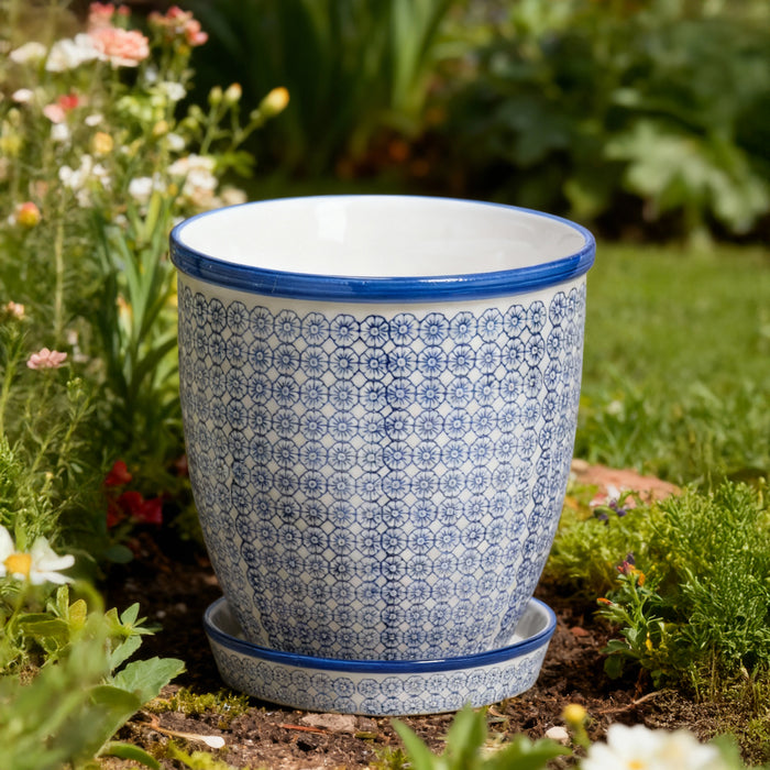 20cm Hand Printed Navy Stoneware Plant Pot with Saucer