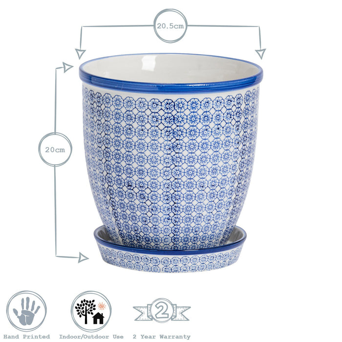 20cm Hand Printed Navy Stoneware Plant Pot with Saucer