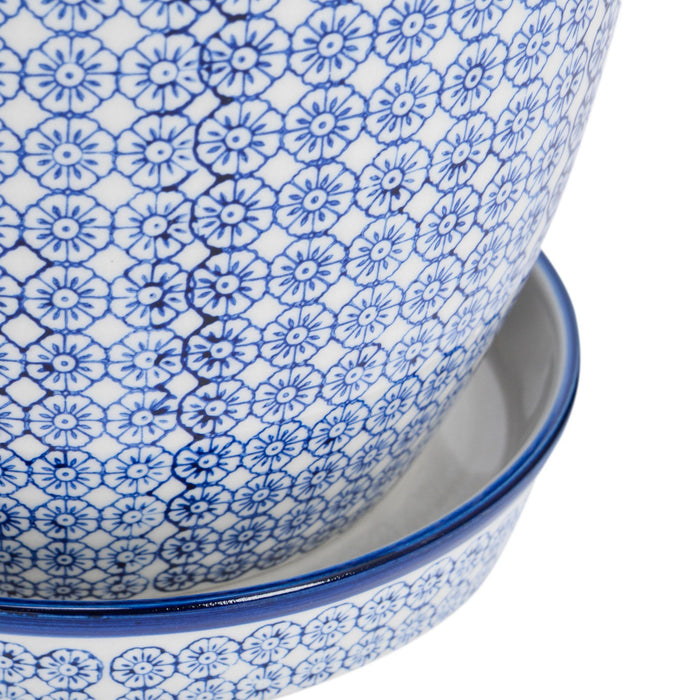 20cm Hand Printed Navy Stoneware Plant Pot with Saucer
