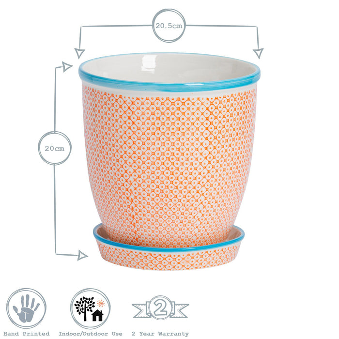 20cm Hand Printed Orange Stoneware Plant Pot with Saucer