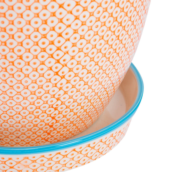 20cm Hand Printed Orange Stoneware Plant Pot with Saucer