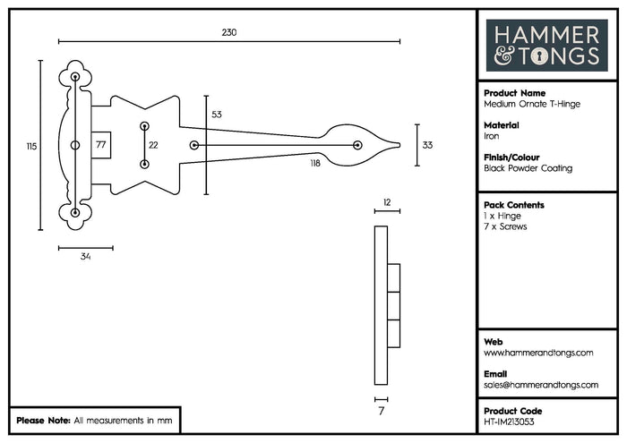 230mm Black Ornate T-Hinge