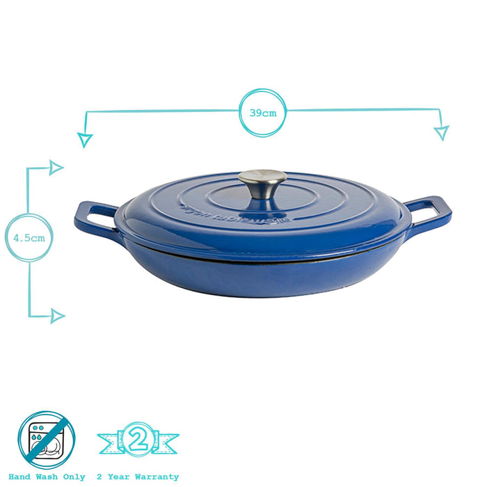 2.3L Dark Blue Cast Iron Shallow Casserole Dish
