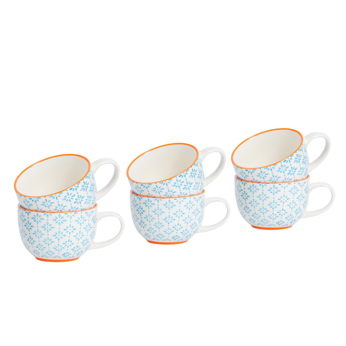 250ml Blue Hand-Printed Stoneware Cappuccino Cups - Pack of Six
