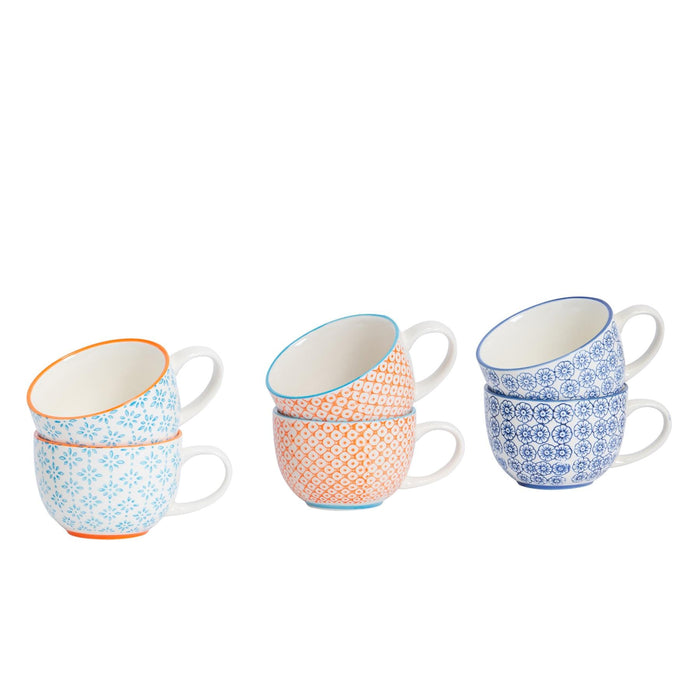 250ml Floral Hand-Printed Stoneware Cappuccino Cups - Pack of Six