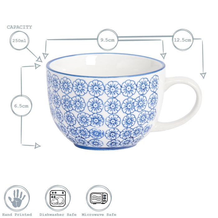 250ml Floral Hand-Printed Stoneware Cappuccino Cups - Pack of Six