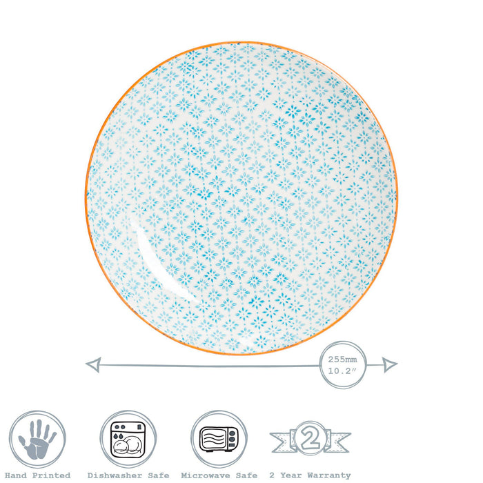 25.5cm Hand Printed Blue Stoneware Dinner Plates - Pack of Six