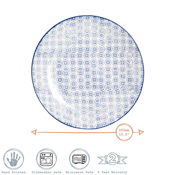 25.5cm Hand Printed Navy Stoneware Dinner Plates - Pack of Six