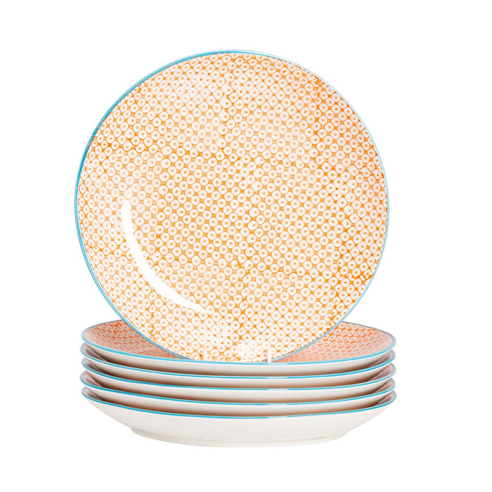25.5cm Hand Printed Orange Stoneware Dinner Plates - Pack of Six