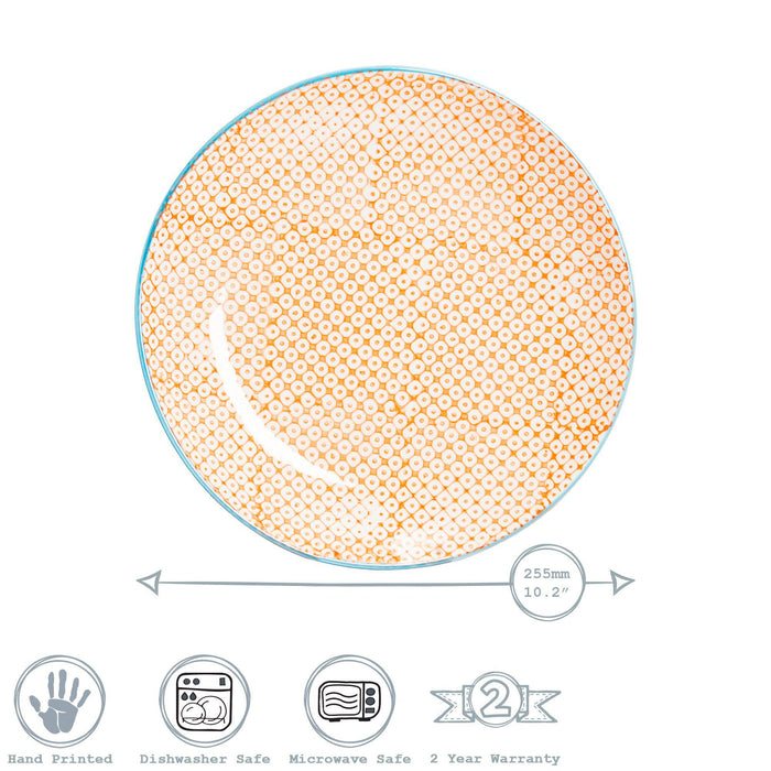 25.5cm Hand Printed Orange Stoneware Dinner Plates - Pack of Six
