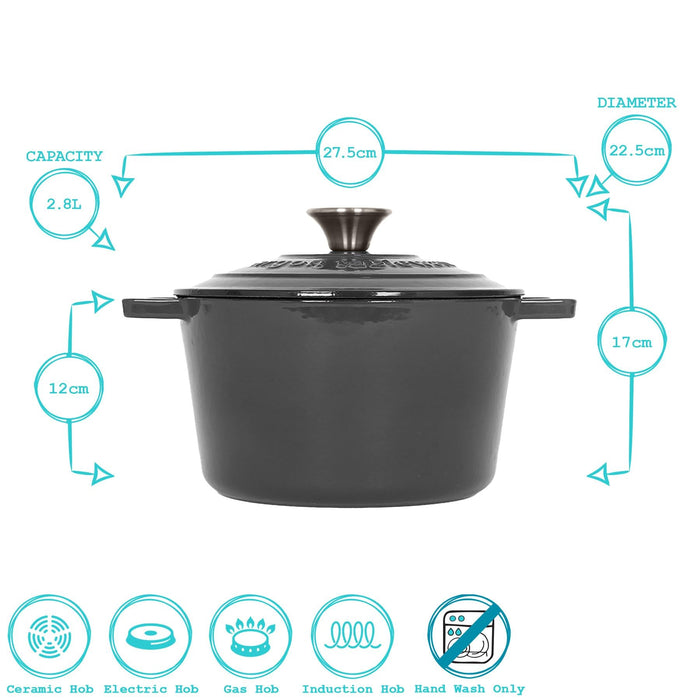 2.8L Dark Grey Round Cast Iron Casserole Dish