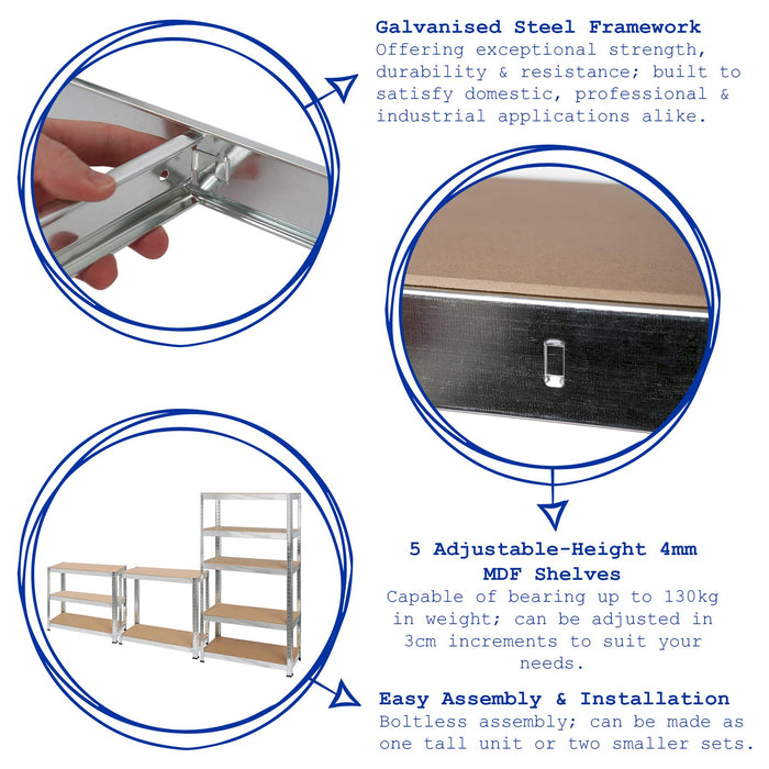 2pc 5-Tier Galvanised Steel Garage Shelving Units Set - 75cm x 30cm x 150cm