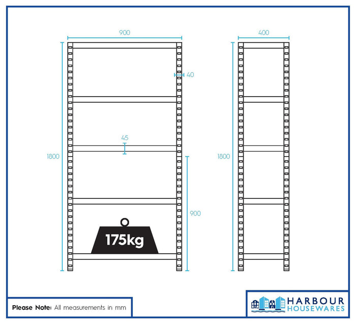 2pc 5-Tier Matt Black Galvanised Steel Garage Shelving Units Set - 90cm x 40cm x 180cm