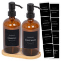 2pc 500ml Amber Glass Soap Dispenser with Black Labels & Bamboo Tray