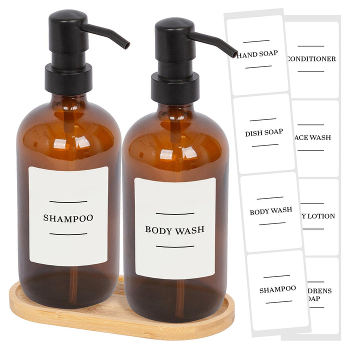 2pc 500ml Amber Glass Soap Dispenser with White Labels & Bamboo Tray