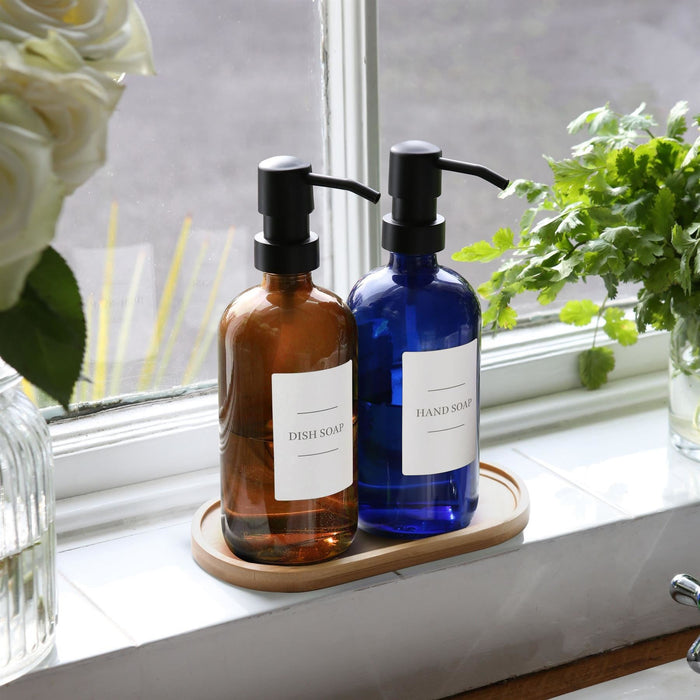 2pc 500ml Amber Glass Soap Dispenser with White Labels & Bamboo Tray